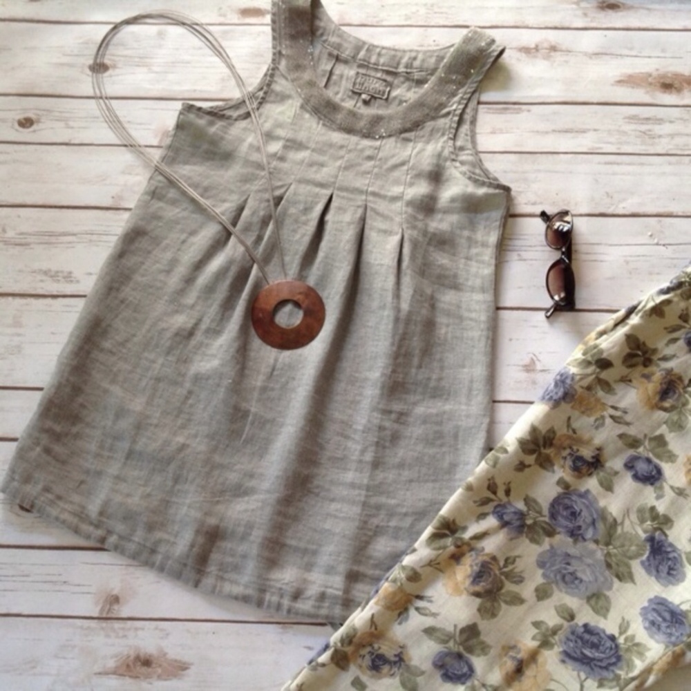 Long Grey Pure Linen Sequined Tunic Tank Top Dress